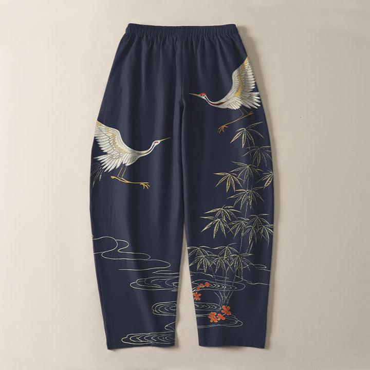 Buddha Stones Pure Cotton Crane Bamboo Wave Pattern Drawstring Men's Tapered Pants With Pockets - image 10