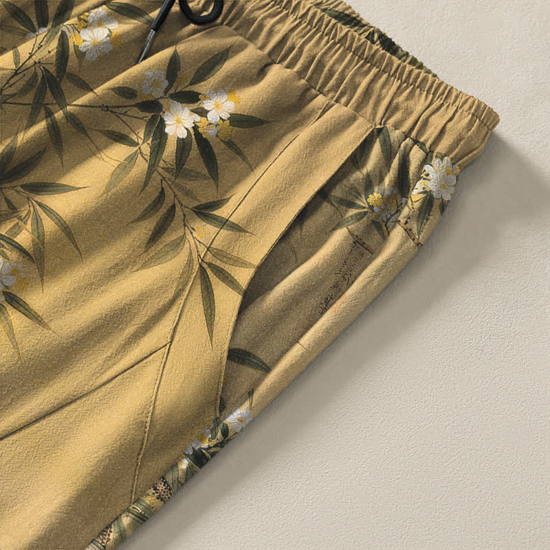 Buddha Stones Pure Cotton Crane Bamboo Landscape Pattern Drawstring Men's Tapered Pants With Pockets - image 4