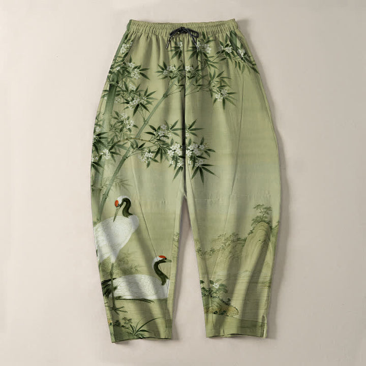 Buddha Stones Pure Cotton Crane Bamboo Landscape Pattern Drawstring Men's Tapered Pants With Pockets - image 13