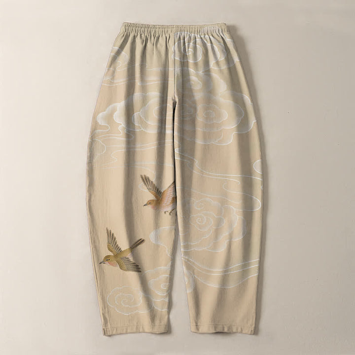 Buddha Stones Pure Cotton Auspicious Cloud Bird Pattern Drawstring Men's Tapered Pants With Pockets - image 3