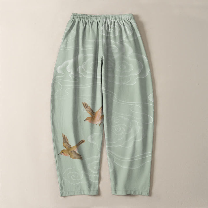 Buddha Stones Pure Cotton Auspicious Cloud Bird Pattern Drawstring Men's Tapered Pants With Pockets - image 14