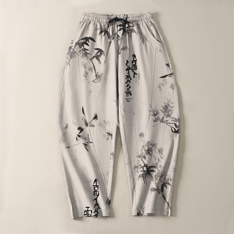 Buddha Stones Pure Cotton Ink Bamboo Calligraphy Pattern Drawstring Men's Tapered Pants With Pockets - image 2