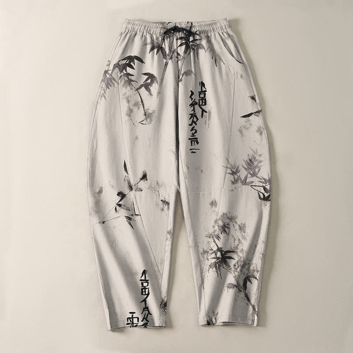 Buddha Stones Pure Cotton Ink Bamboo Calligraphy Pattern Drawstring Men's Tapered Pants With Pockets - image 2