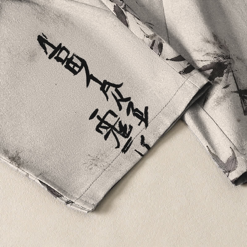 Buddha Stones Pure Cotton Ink Bamboo Calligraphy Pattern Drawstring Men's Tapered Pants With Pockets - image 5