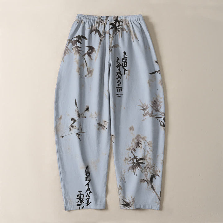 Buddha Stones Pure Cotton Ink Bamboo Calligraphy Pattern Drawstring Men's Tapered Pants With Pockets - image 10