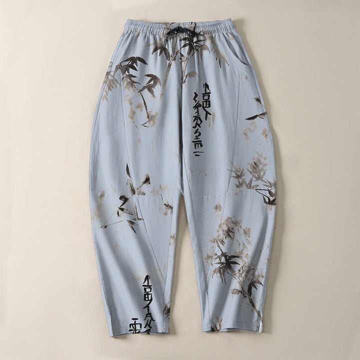 Buddha Stones Pure Cotton Ink Bamboo Calligraphy Pattern Drawstring Men's Tapered Pants With Pockets - image 9