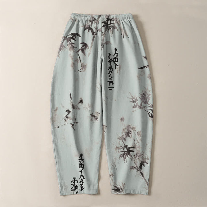 Buddha Stones Pure Cotton Ink Bamboo Calligraphy Pattern Drawstring Men's Tapered Pants With Pockets - image 14