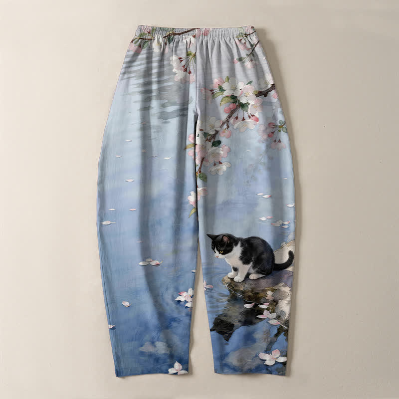 Buddha Stones Pure Cotton Sakura Cat Water Reflection Pattern Drawstring Men's Tapered Pants With Pockets - image 3
