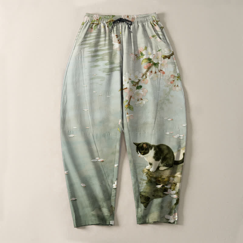 Buddha Stones Pure Cotton Sakura Cat Water Reflection Pattern Drawstring Men's Tapered Pants With Pockets - image 9