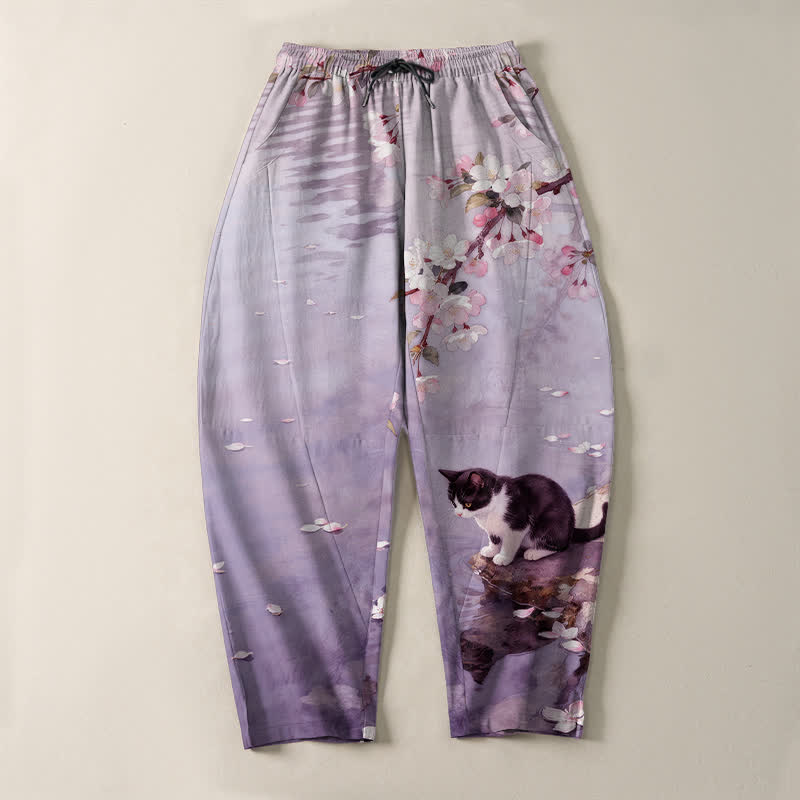 Buddha Stones Pure Cotton Sakura Cat Water Reflection Pattern Drawstring Men's Tapered Pants With Pockets - image 13