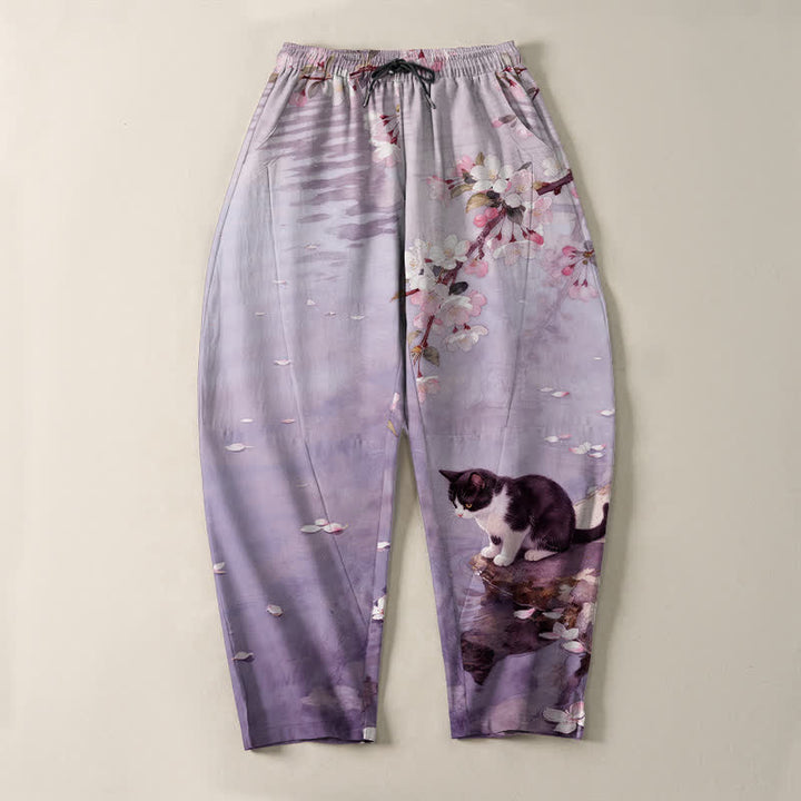 Buddha Stones Pure Cotton Sakura Cat Water Reflection Pattern Drawstring Men's Tapered Pants With Pockets - image 13