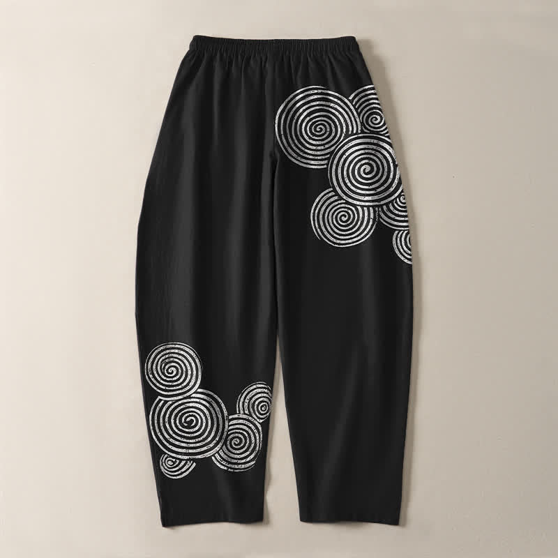 Buddha Stones Pure Cotton Concentric Spiral Pattern Drawstring Men's Tapered Pants With Pockets - image 3