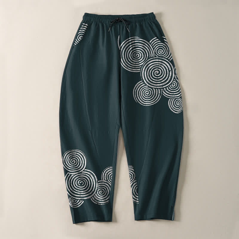 Buddha Stones Pure Cotton Concentric Spiral Pattern Drawstring Men's Tapered Pants With Pockets - image 13