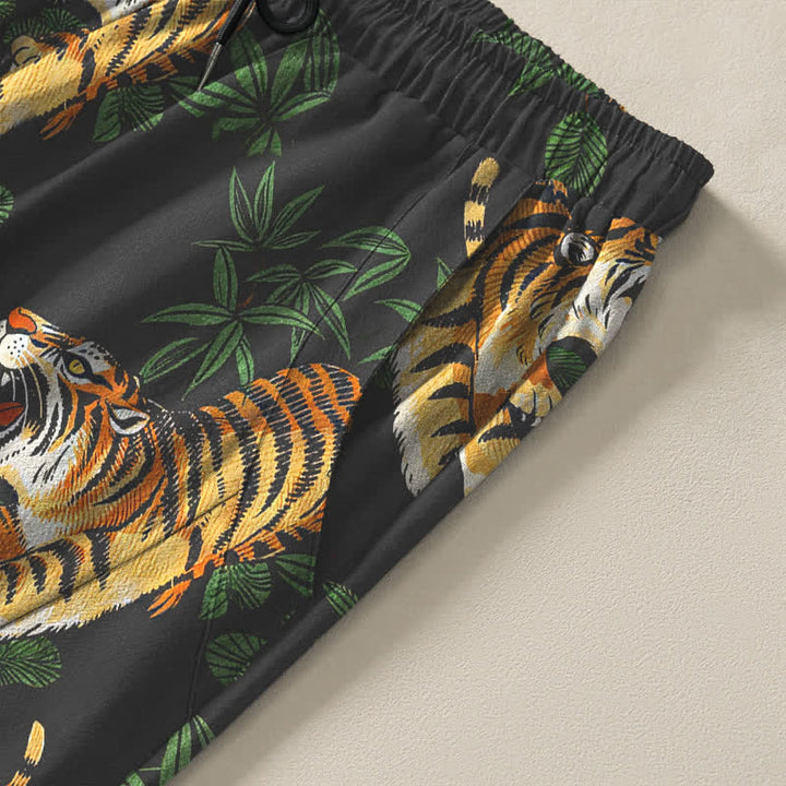 Buddha Stones Pure Cotton Tiger Bamboo Leaf Pattern Drawstring Men's Tapered Pants With Pockets - image 4