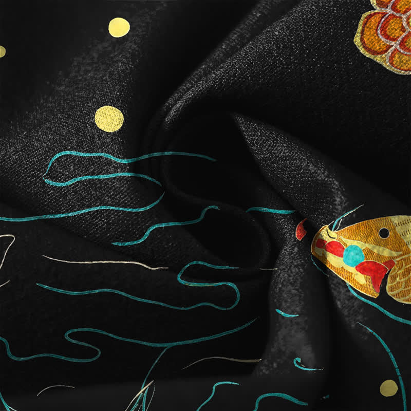 Buddha Stones Pure Cotton Golden Koi Lotus Wave Pattern Drawstring Men's Tapered Pants With Pockets - image 6
