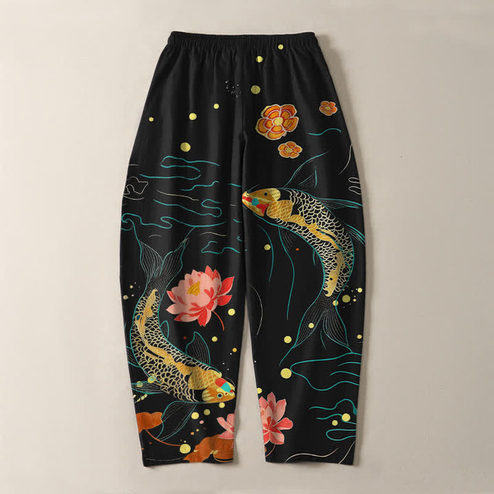 Buddha Stones Pure Cotton Golden Koi Lotus Wave Pattern Drawstring Men's Tapered Pants With Pockets - image 3