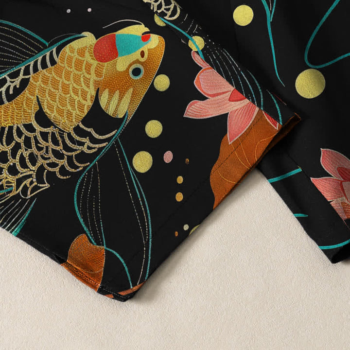 Buddha Stones Pure Cotton Golden Koi Lotus Wave Pattern Drawstring Men's Tapered Pants With Pockets - image 5