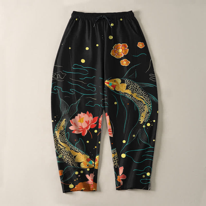 Buddha Stones Pure Cotton Golden Koi Lotus Wave Pattern Drawstring Men's Tapered Pants With Pockets - image 2