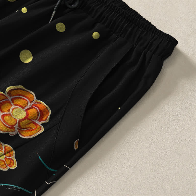 Buddha Stones Pure Cotton Golden Koi Lotus Wave Pattern Drawstring Men's Tapered Pants With Pockets - image 4