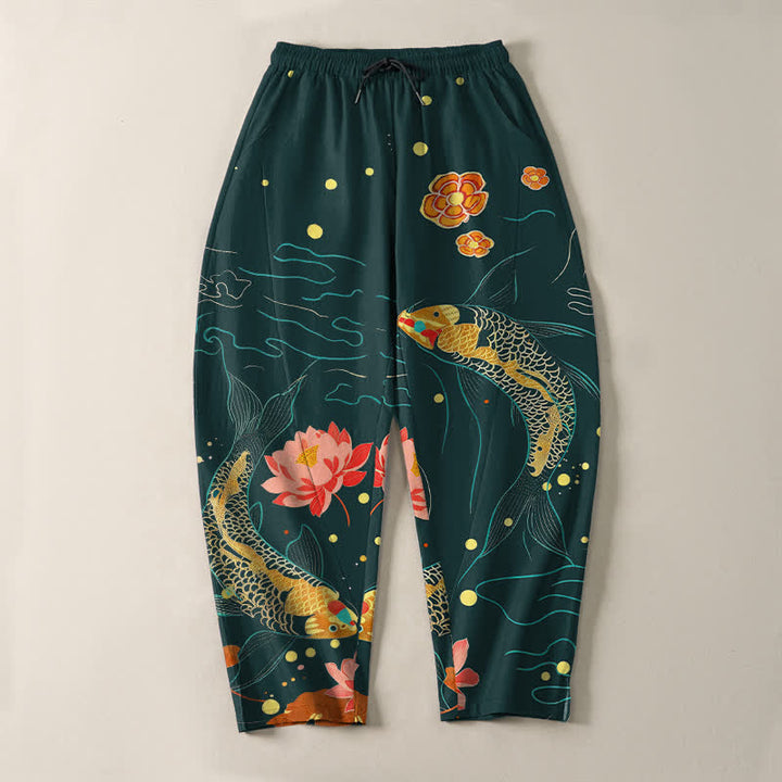 Buddha Stones Pure Cotton Golden Koi Lotus Wave Pattern Drawstring Men's Tapered Pants With Pockets - image 9