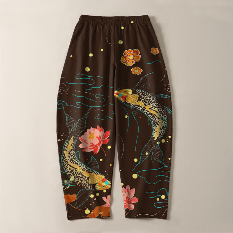 Buddha Stones Pure Cotton Golden Koi Lotus Wave Pattern Drawstring Men's Tapered Pants With Pockets - image 14