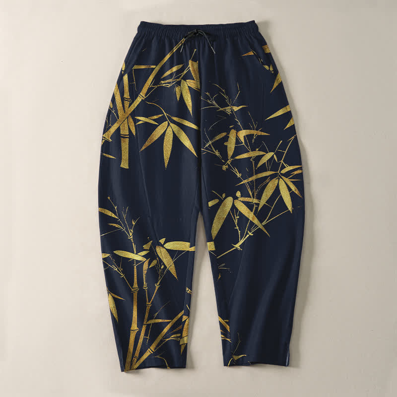 Buddha Stones Pure Cotton Golden Bamboo Pattern Drawstring Men's Tapered Pants With Pockets - image 2