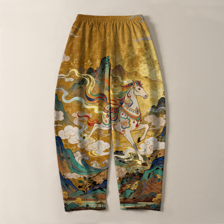 Buddha Stones Pure Cotton Running White Horse Pattern Drawstring Men's Tapered Pants With Pockets - image 3