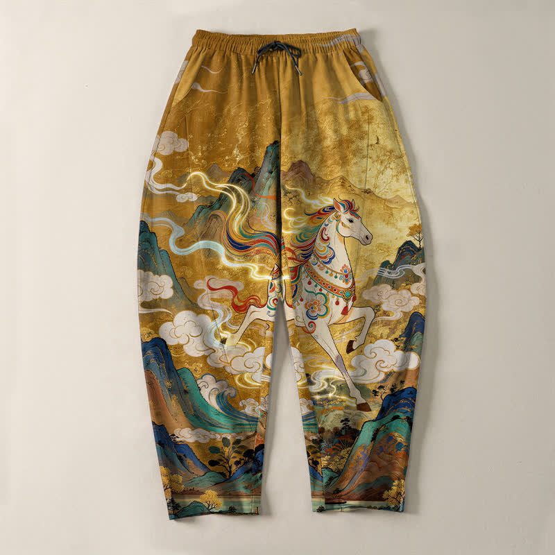 Buddha Stones Pure Cotton Running White Horse Pattern Drawstring Men's Tapered Pants With Pockets - image 2