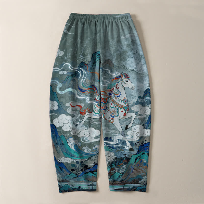 Buddha Stones Pure Cotton Running White Horse Pattern Drawstring Men's Tapered Pants With Pockets - image 10