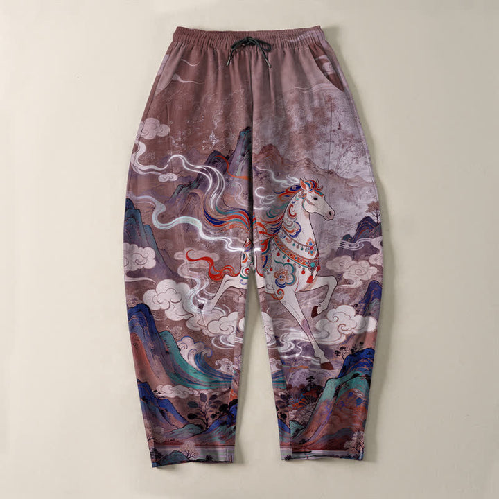 Buddha Stones Pure Cotton Running White Horse Pattern Drawstring Men's Tapered Pants With Pockets - image 13