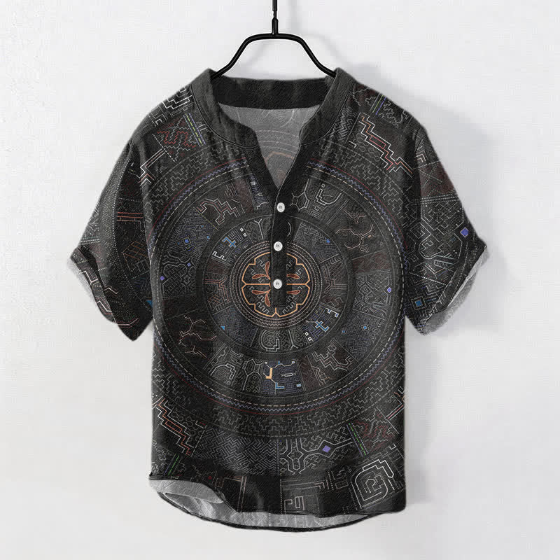 Buddha Stones Cotton Tribal Mandala Pattern Men's Short Sleeve Half Button Shirt - Black - US/UK/AU50，EU60 (5XL) - image 0