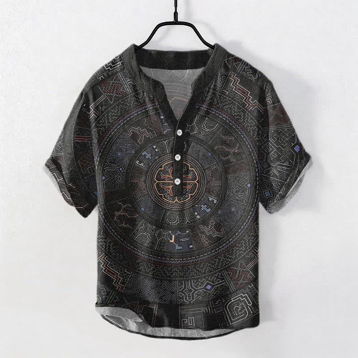 Buddha Stones Cotton Tribal Mandala Pattern Men's Short Sleeve Half Button Shirt - Black - US/UK/AU50，EU60 (5XL) - image 0