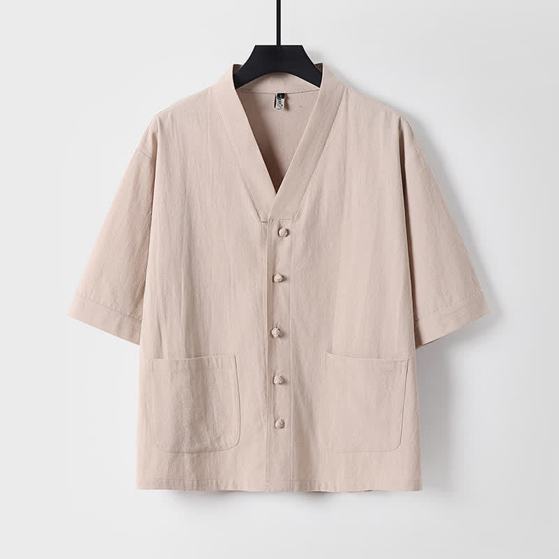 Buddha Stones 2Pcs Summer Tang Style Mandarin Collar Drawstring Solid Short Sleeve Shirt Pants Men's Meditation Cloth With Pockets - image 15