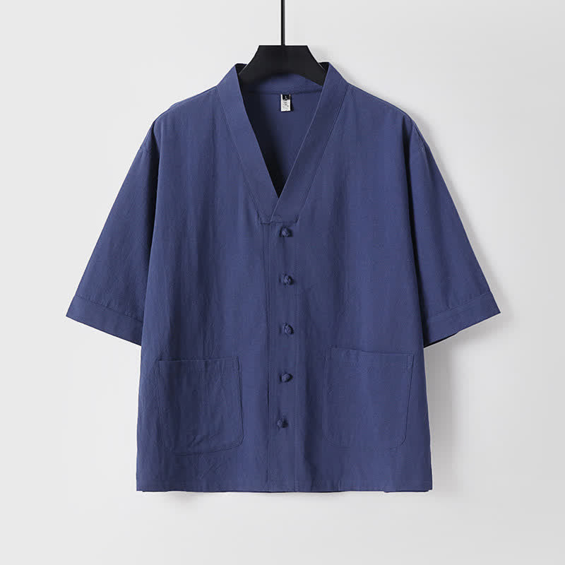 Buddha Stones 2Pcs Summer Tang Style Mandarin Collar Drawstring Solid Short Sleeve Shirt Pants Men's Meditation Cloth With Pockets - image 19