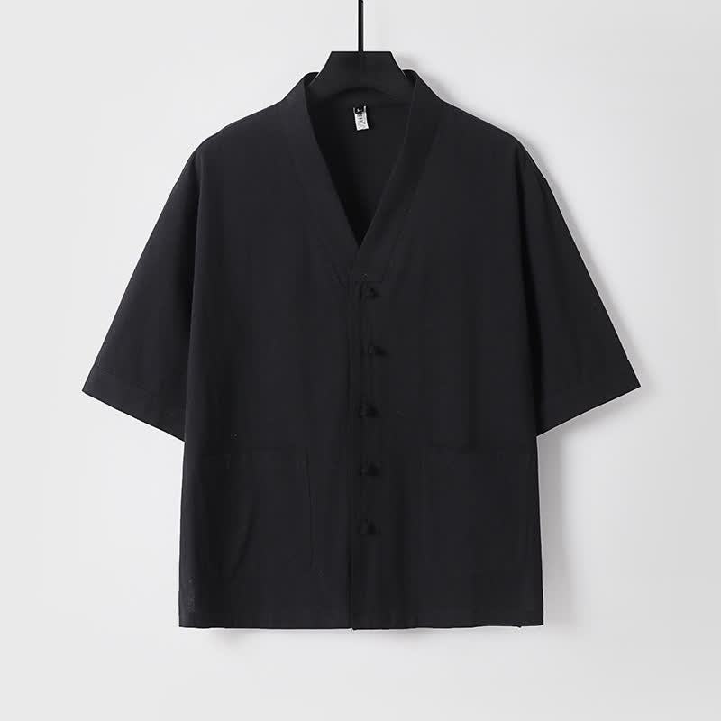 Buddha Stones 2Pcs Summer Tang Style Mandarin Collar Drawstring Solid Short Sleeve Shirt Pants Men's Meditation Cloth With Pockets - image 12