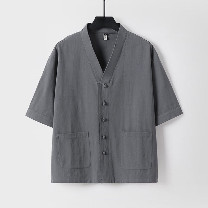Buddha Stones 2Pcs Summer Tang Style Mandarin Collar Drawstring Solid Short Sleeve Shirt Pants Men's Meditation Cloth With Pockets - image 9