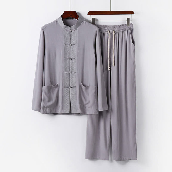 Buddha Stones 2Pcs Spring Tang Style Mandarin Collar Frog Button Solid Long Sleeve Shirt Pants Men's Meditation Cloth With Pockets - Silver - US/UK/AU48，EU58 (6XL) - image 9