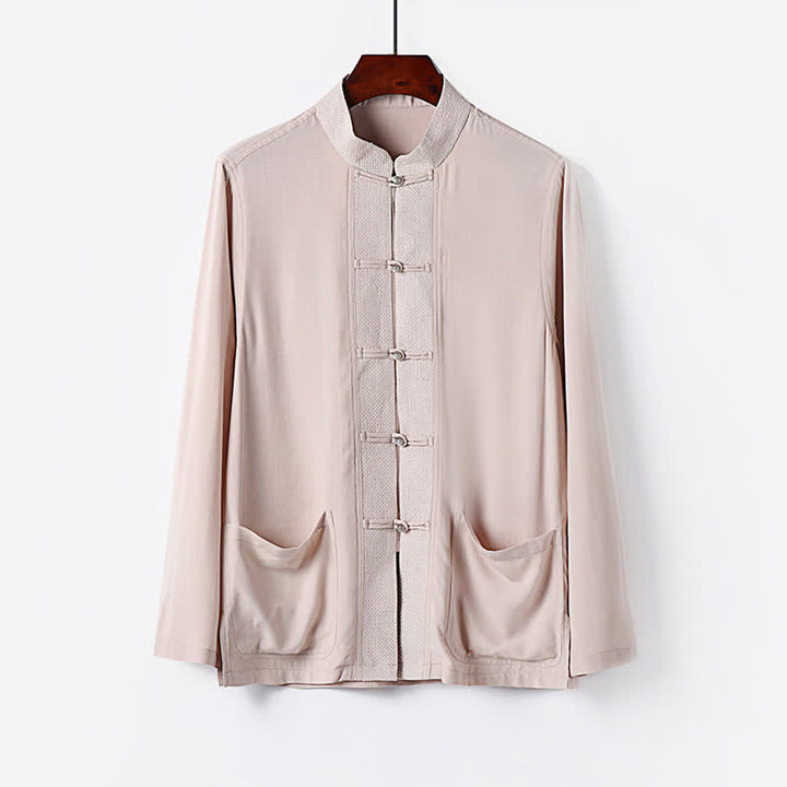 Buddha Stones 2Pcs Spring Tang Style Mandarin Collar Frog Button Solid Long Sleeve Shirt Pants Men's Meditation Cloth With Pockets - image 1
