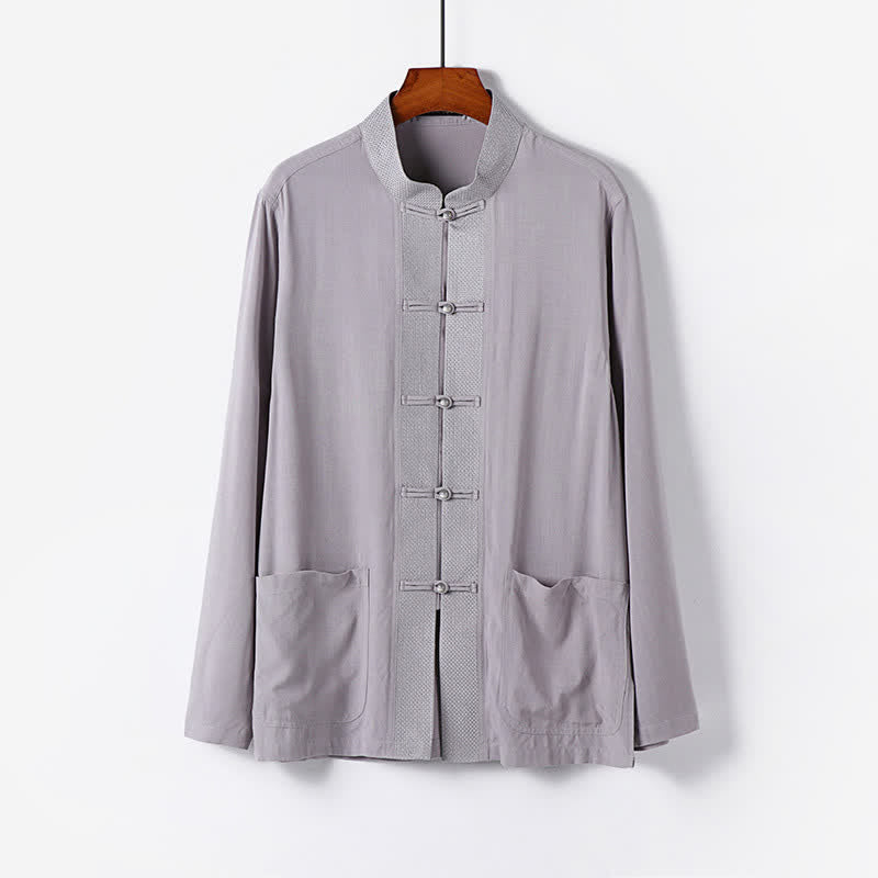 Buddha Stones 2Pcs Spring Tang Style Mandarin Collar Frog Button Solid Long Sleeve Shirt Pants Men's Meditation Cloth With Pockets - image 10