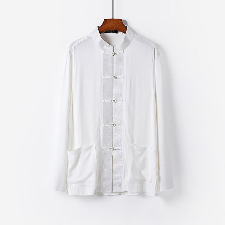 Buddha Stones 2Pcs Spring Tang Style Mandarin Collar Frog Button Solid Long Sleeve Shirt Pants Men's Meditation Cloth With Pockets - image 18