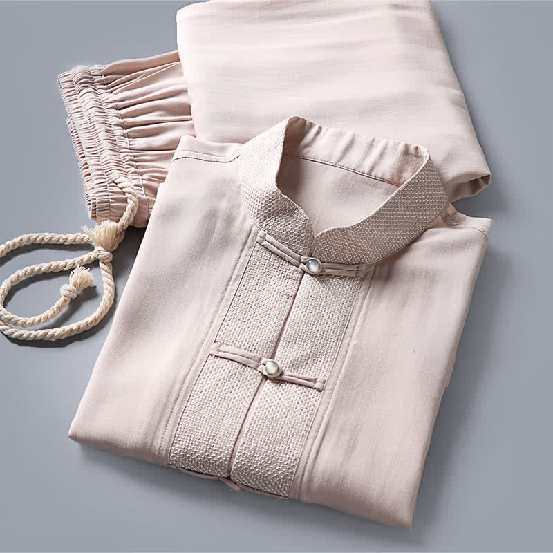 Buddha Stones 2Pcs Spring Tang Style Mandarin Collar Frog Button Solid Long Sleeve Shirt Pants Men's Meditation Cloth With Pockets - image 3
