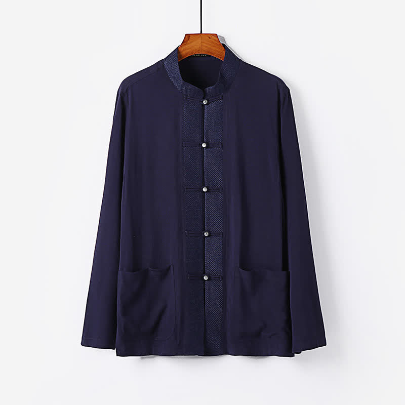 Buddha Stones 2Pcs Spring Tang Style Mandarin Collar Frog Button Solid Long Sleeve Shirt Pants Men's Meditation Cloth With Pockets - image 15