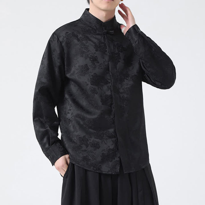 Buddha Stones Fall Elegant Tang Style Mandarin Collar Floral Men's Long Sleeve Shirts - image 2