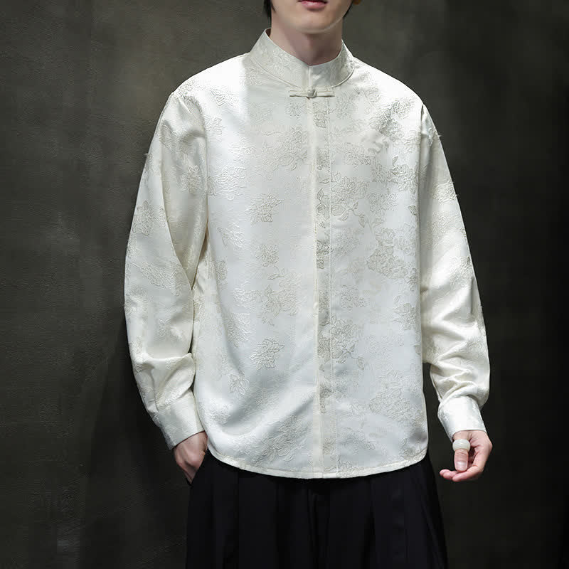 Buddha Stones Fall Elegant Tang Style Mandarin Collar Floral Men's Long Sleeve Shirts - White - US/UK/AU44，EU54 (4XL) - image 13
