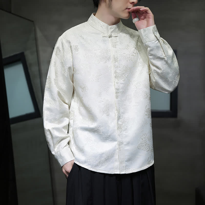 Buddha Stones Fall Elegant Tang Style Mandarin Collar Floral Men's Long Sleeve Shirts - image 14