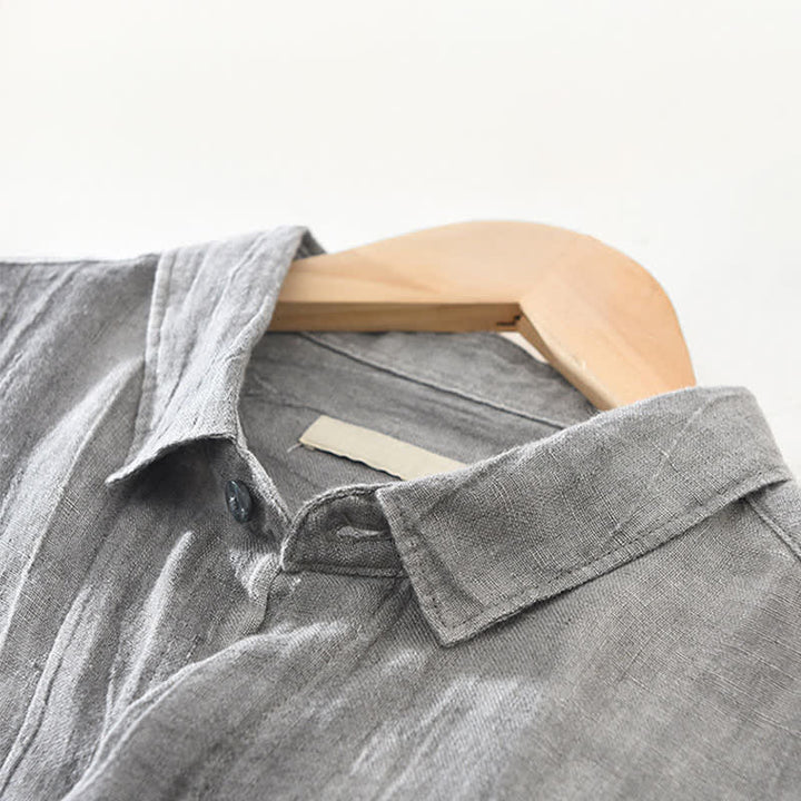 Buddha Stones Spring Casual Button-Up Solid Linen Men's Long Sleeve Shirts - image 4