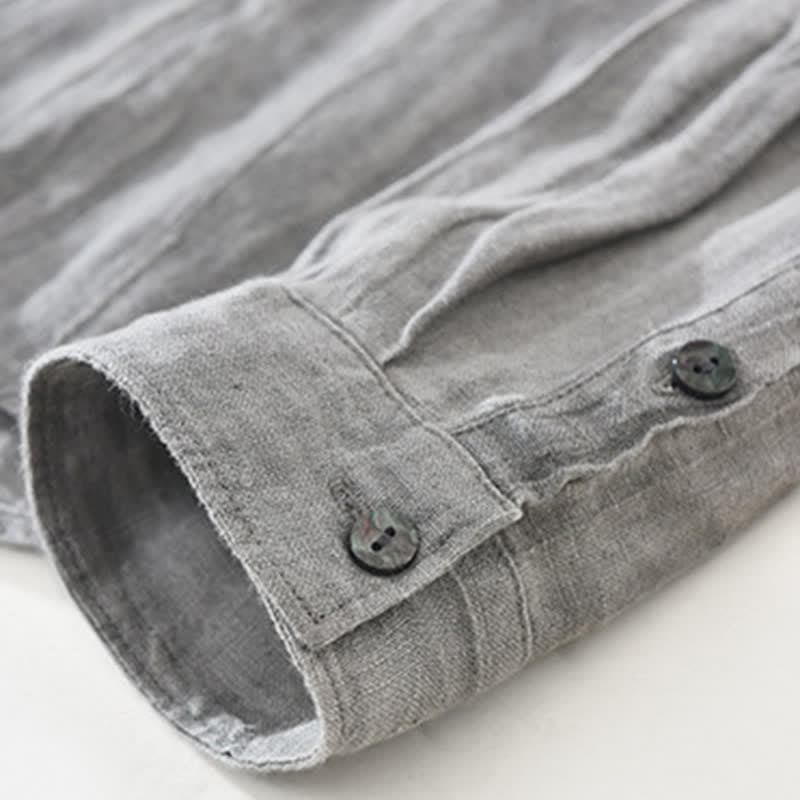 Buddha Stones Spring Casual Button-Up Solid Linen Men's Long Sleeve Shirts - image 12