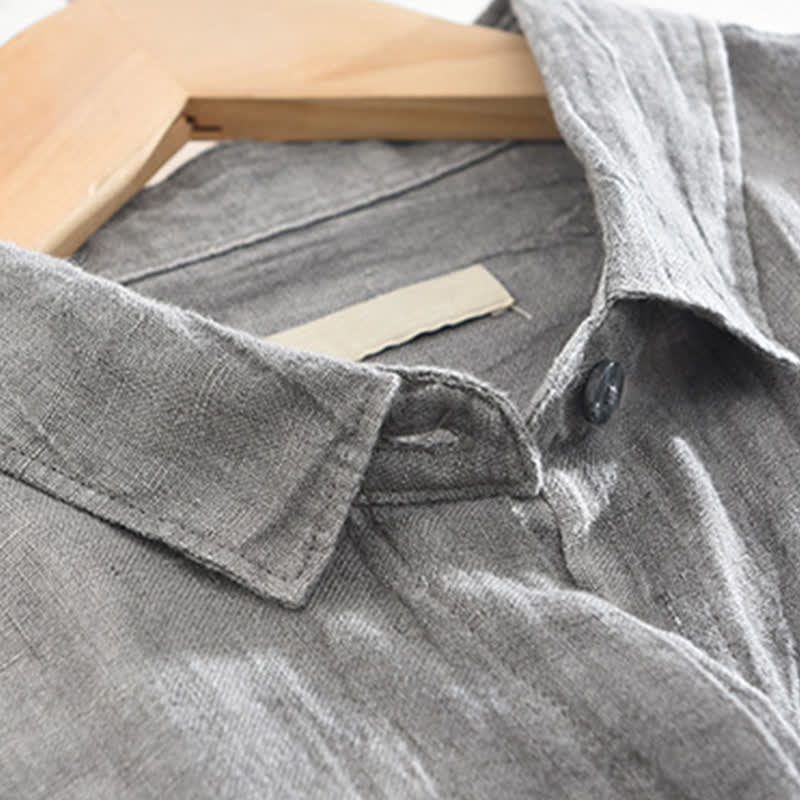 Buddha Stones Spring Casual Button-Up Solid Linen Men's Long Sleeve Shirts - image 6