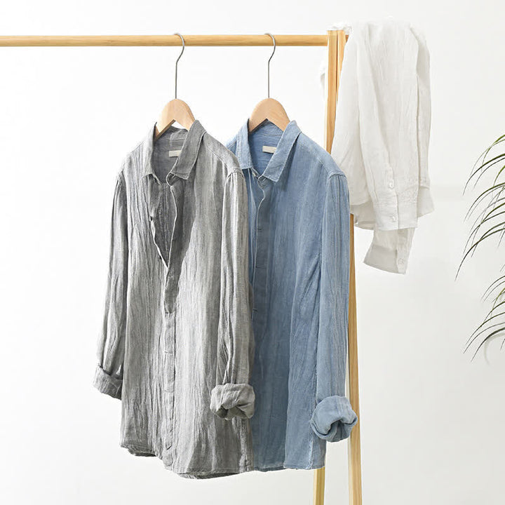 Buddha Stones Spring Casual Button-Up Solid Linen Men's Long Sleeve Shirts - image 25
