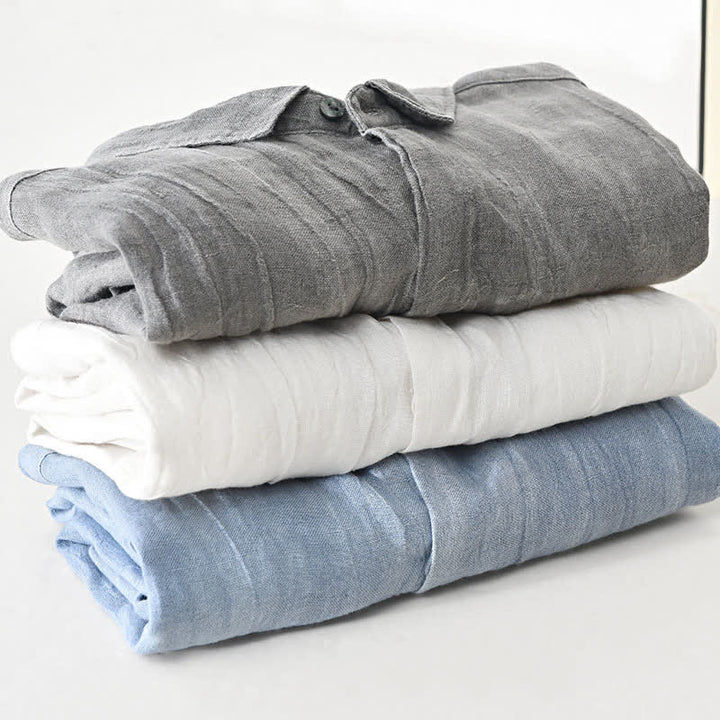 Buddha Stones Spring Casual Button-Up Solid Linen Men's Long Sleeve Shirts - image 26